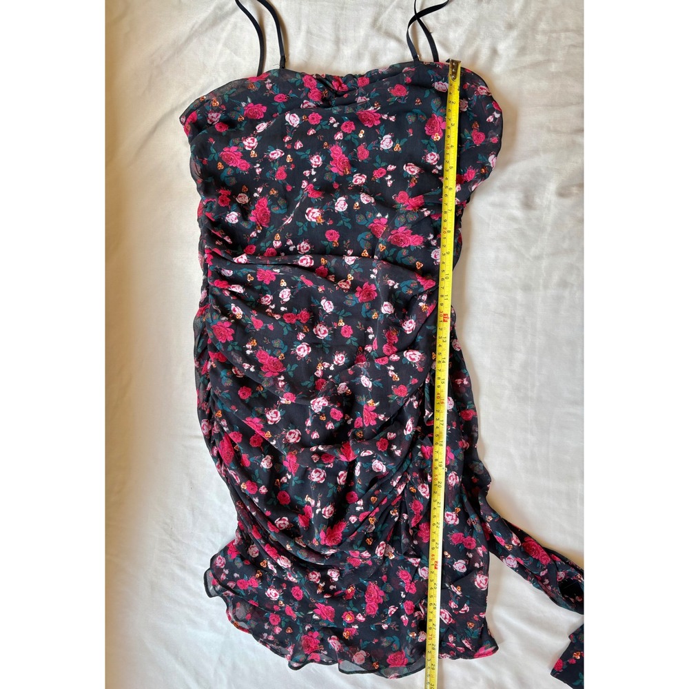 For Love & Lemons Floral Ruched Mini Dress Black Pink Rose CD1943-FA19 Medium - Picture 5 of 8